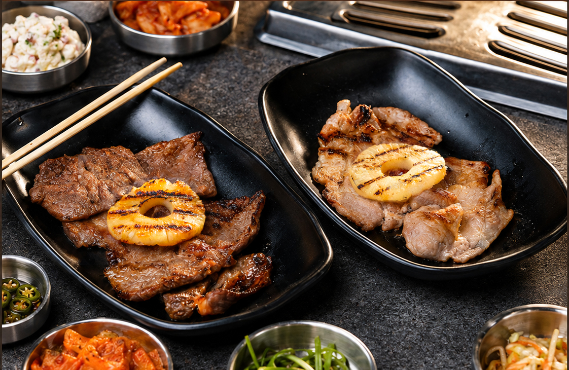 Aloha Beef & Pork, grilled with pineapple, served with banchan.