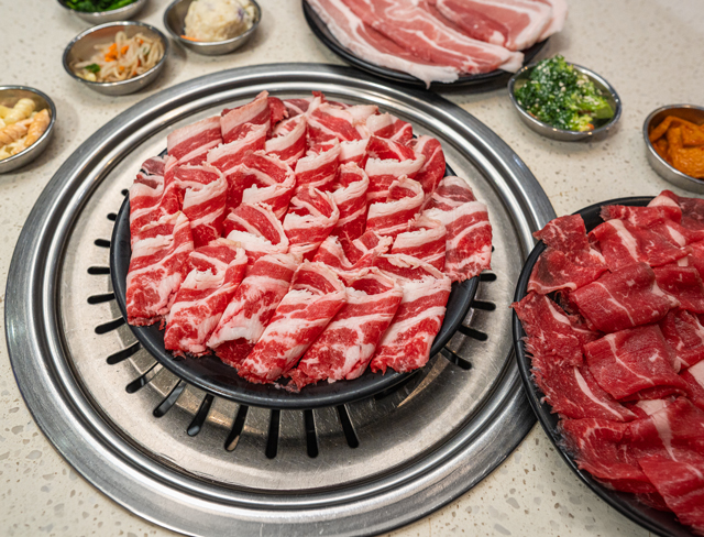 Korean BBQ beef belly, thinly sliced and unmarinated, ready for the grill.